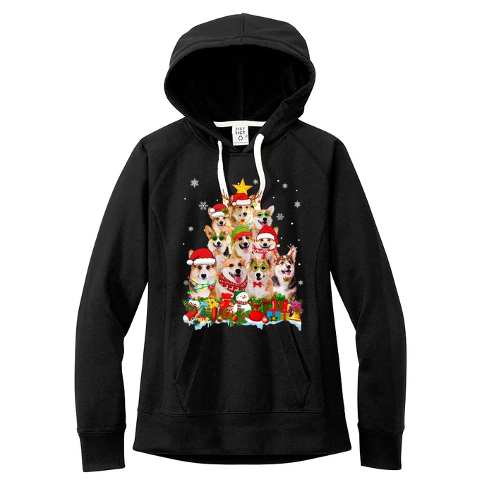 Corgi Dog Christmas Tree Lights Xmas Santa Hat Gift Women's Fleece Hoodie