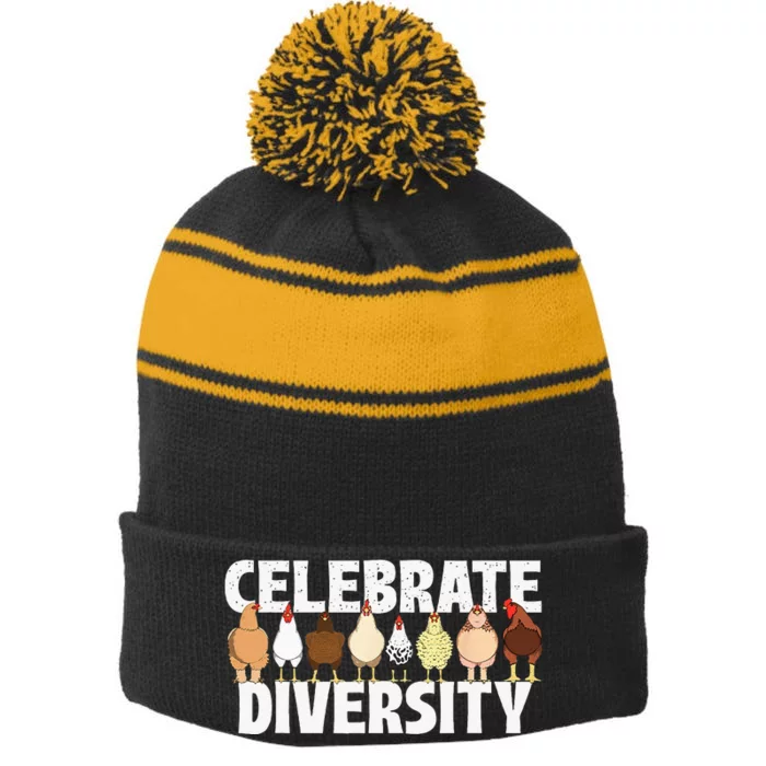 Celebrate Diversity Chicken Lover Farmyard Animal Lover Stripe Pom Pom Beanie