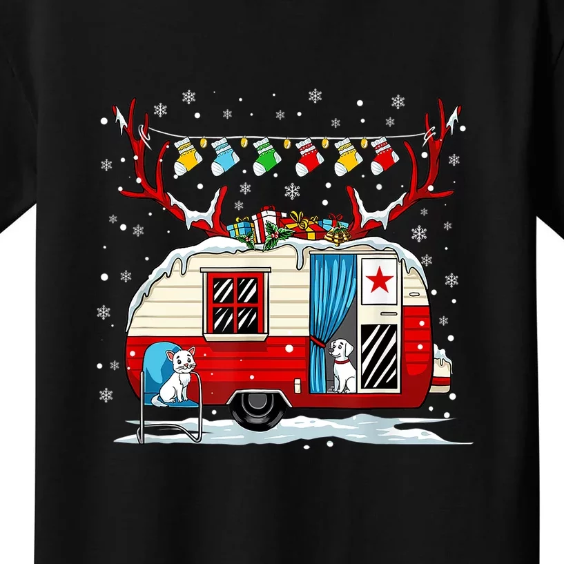 Cat Dog Camping Christmas Pajama Cute Puppy Kitten Camper Gift Kids T-Shirt