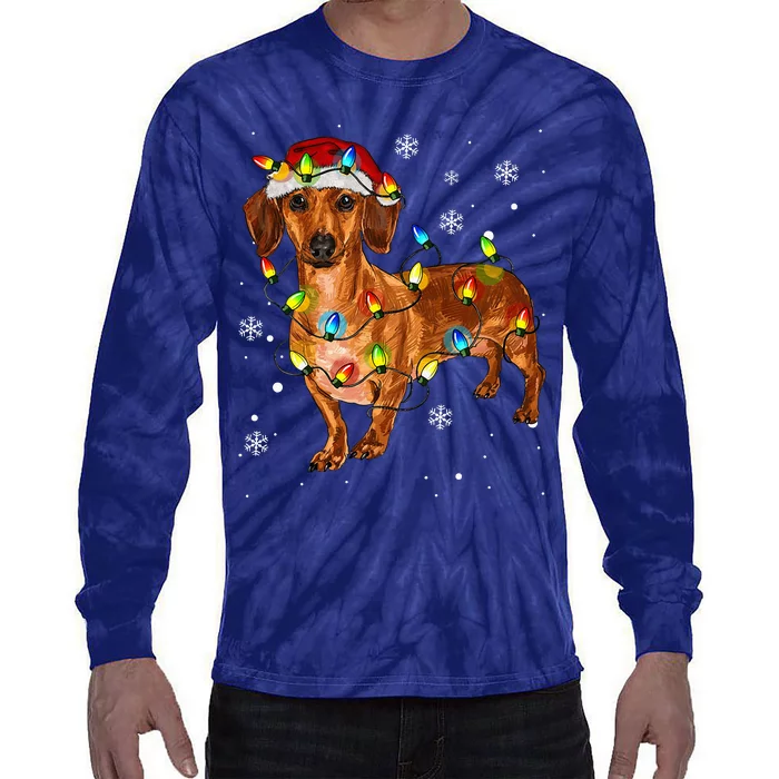 Cute Dachshund Dog Santa Christmas Tree Lights Pajama Xmas Tie-Dye Long Sleeve Shirt