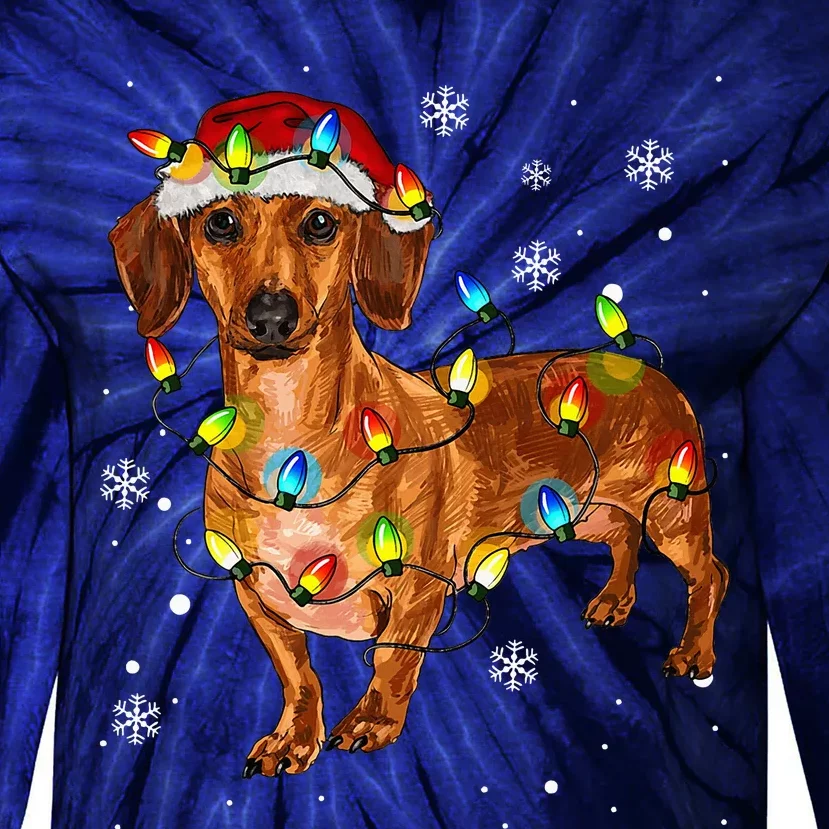 Cute Dachshund Dog Santa Christmas Tree Lights Pajama Xmas Tie-Dye Long Sleeve Shirt