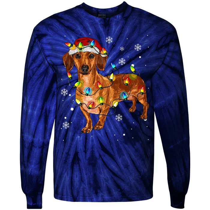 Cute Dachshund Dog Santa Christmas Tree Lights Pajama Xmas Tie-Dye Long Sleeve Shirt