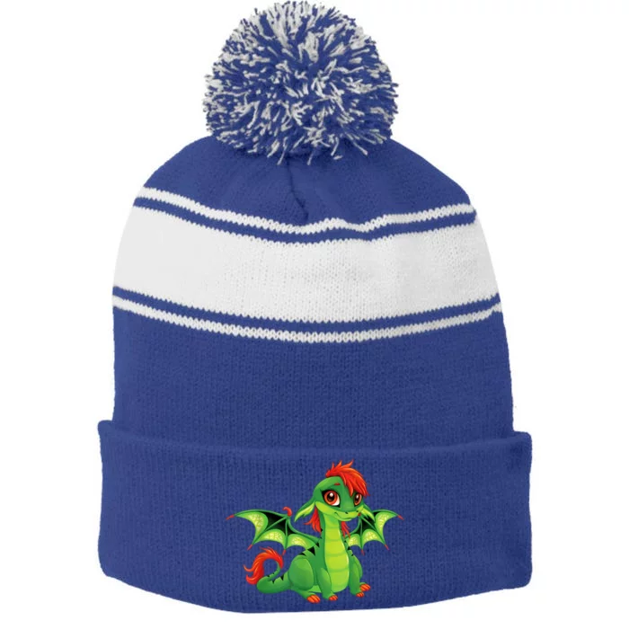 Cute Dragon Design Stripe Pom Pom Beanie