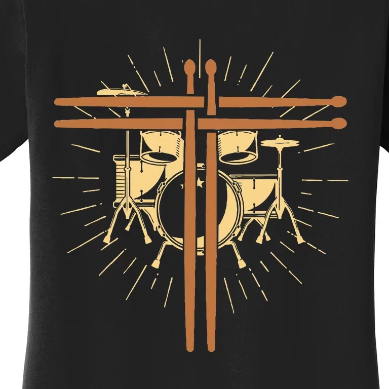 Christian Drummer Drum Sticks Cross Religious Band Drummer Women's T-Shirt