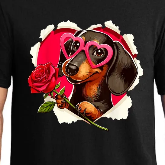 Cute Dachshund Dog Heart Glasses Lover Rose Gift For Valentines Day Pajama Set