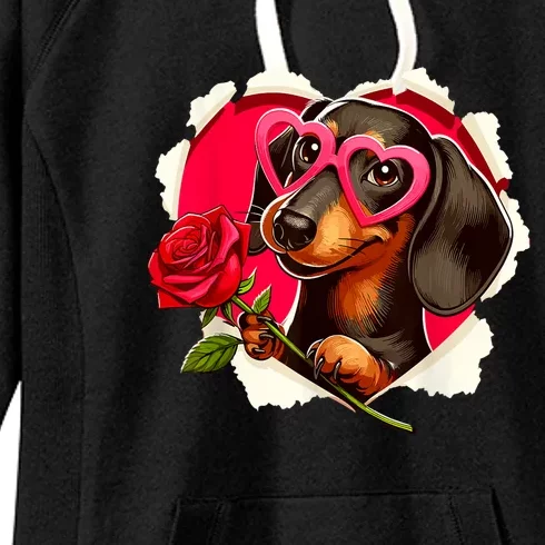 Cute Dachshund Dog Heart Glasses Lover Rose Gift For Valentines Day Women's Fleece Hoodie