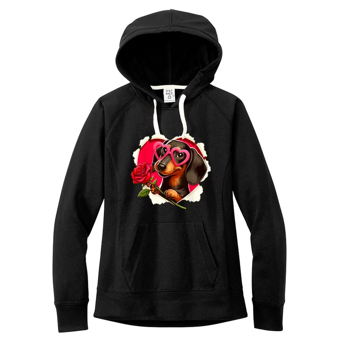 Cute Dachshund Dog Heart Glasses Lover Rose Gift For Valentines Day Women's Fleece Hoodie