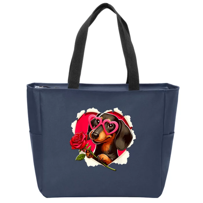 Cute Dachshund Dog Heart Glasses Lover Rose Gift For Valentines Day Zip Tote Bag