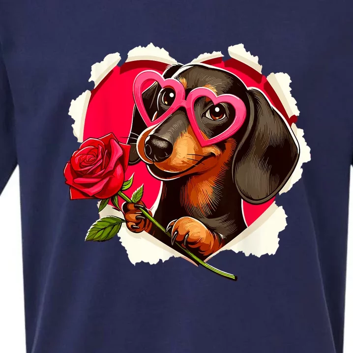 Cute Dachshund Dog Heart Glasses Lover Rose Gift For Valentines Day Sueded Cloud Jersey T-Shirt