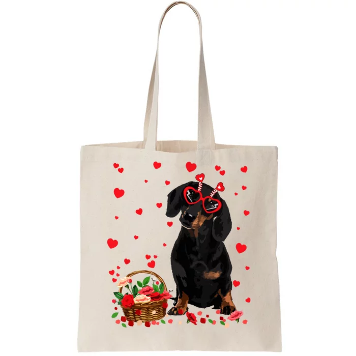 Cute Dachshund Dog Valentines Day Gifts Puppy Heart Flowers Tote Bag