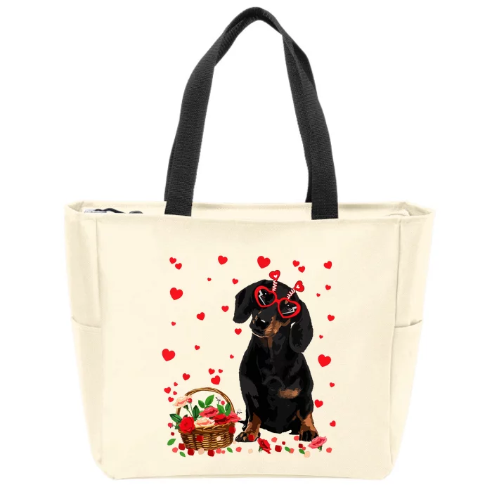 Cute Dachshund Dog Valentines Day Gifts Puppy Heart Flowers Zip Tote Bag