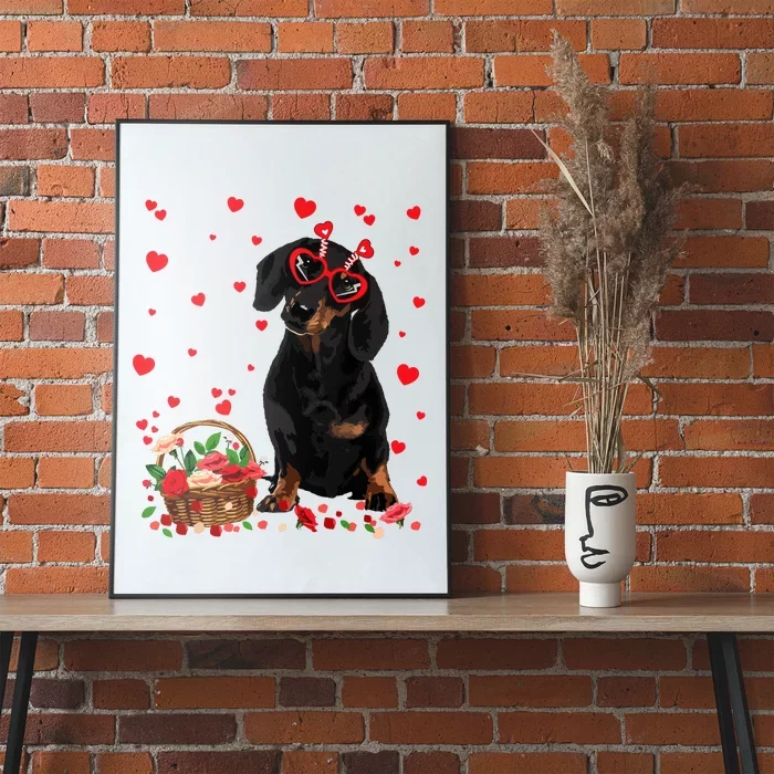 Cute Dachshund Dog Valentines Day Gifts Puppy Heart Flowers Poster