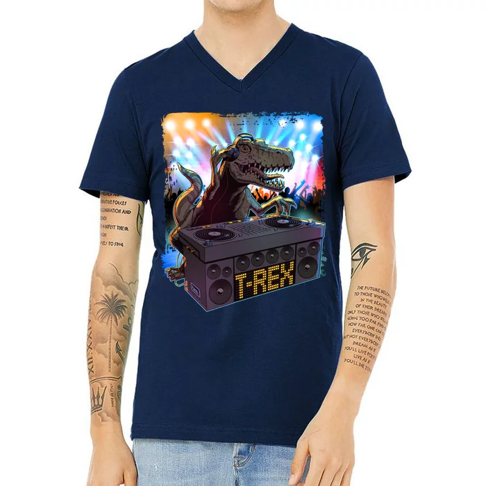 Cool DJ Dance Party TRex Dinosaur V-Neck T-Shirt