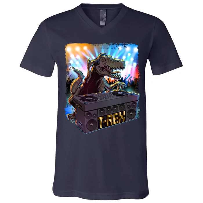 Cool DJ Dance Party TRex Dinosaur V-Neck T-Shirt