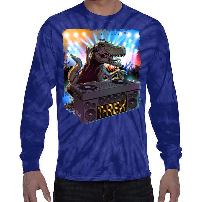 Cool DJ Dance Party TRex Dinosaur Tie-Dye Long Sleeve Shirt