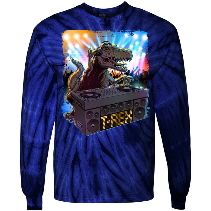 Cool DJ Dance Party TRex Dinosaur Tie-Dye Long Sleeve Shirt