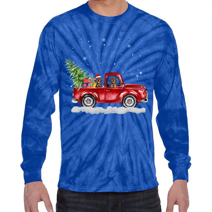 Christmas Dachshund Dogs Ride Red Truck Costumer Funny Gift Tie-Dye Long Sleeve Shirt