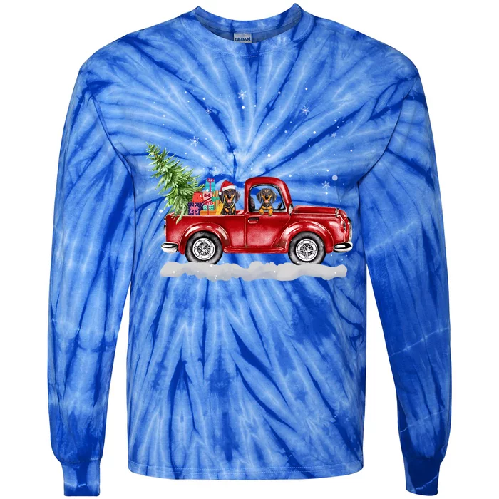 Christmas Dachshund Dogs Ride Red Truck Costumer Funny Gift Tie-Dye Long Sleeve Shirt