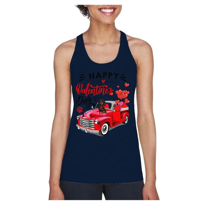 Cute Dachshund Dog Red Truck Happy Valentine's Day Valentine Women's Racerback Tank