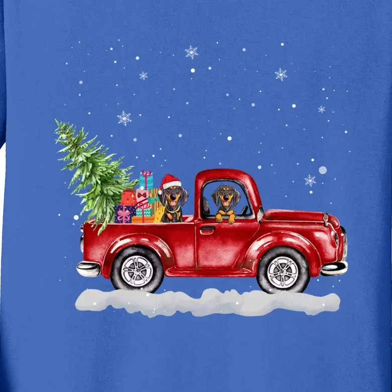 Christmas Dachshund Dogs Ride Red Truck Costumer Gift Kids Long Sleeve Shirt