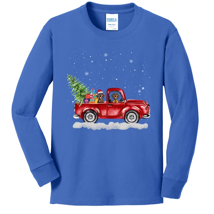 Christmas Dachshund Dogs Ride Red Truck Costumer Gift Kids Long Sleeve Shirt