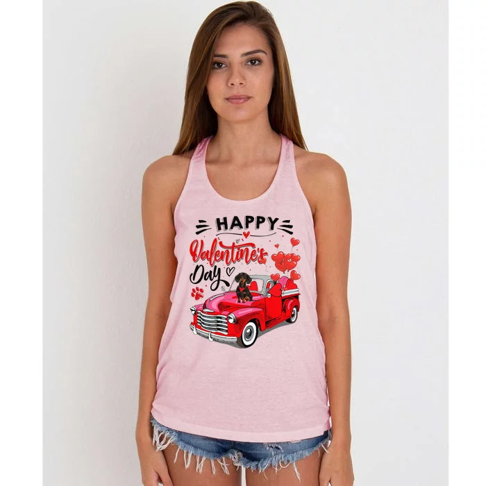 Cute Dachshund Dog Red Truck Happy Valentines Day Valentine Women's Knotted Racerback Tank