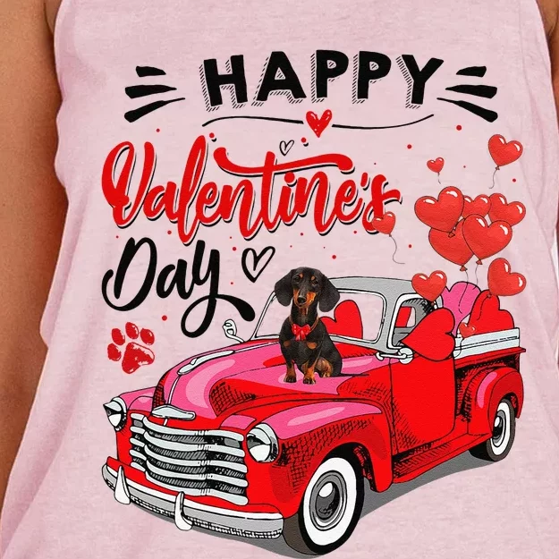 Cute Dachshund Dog Red Truck Happy Valentines Day Valentine Women's Knotted Racerback Tank