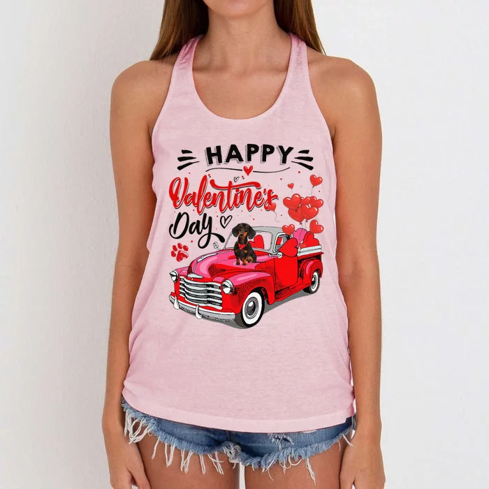 Cute Dachshund Dog Red Truck Happy Valentines Day Valentine Women's Knotted Racerback Tank