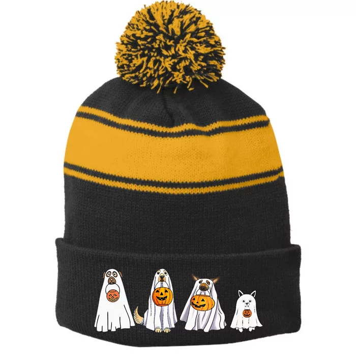 Cute Dog Dressed As Ghost Halloween Funny Boo Dog Lov Stripe Pom Pom Beanie