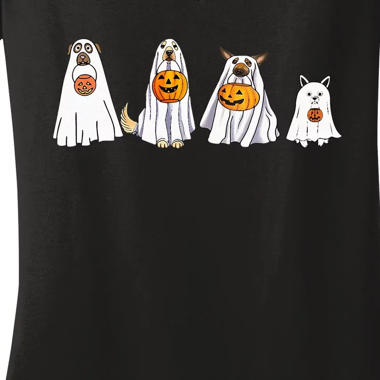 Cute Dog Dressed As Ghost Halloween Funny Boo Dog Lov Women's V-Neck T-Shirt