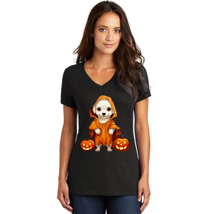 Cute Dog Dressed As Ghost Halloween Funny Boo Dog Pumpkin Women's V-Neck T-Shirt