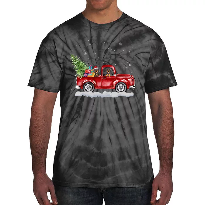 Christmas Dachshund Dogs Ride Red Truck Costumer Tie-Dye T-Shirt