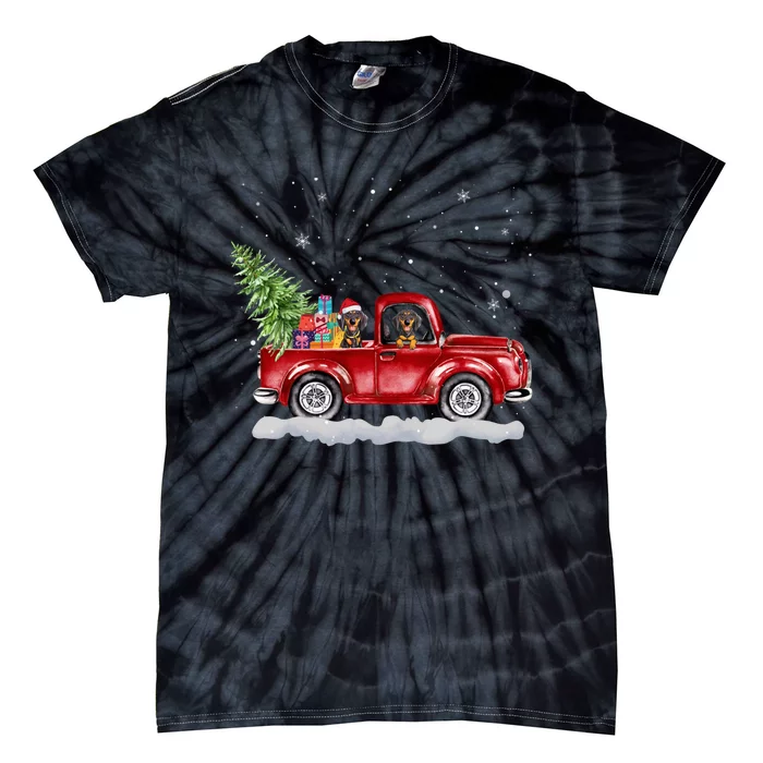 Christmas Dachshund Dogs Ride Red Truck Costumer Tie-Dye T-Shirt