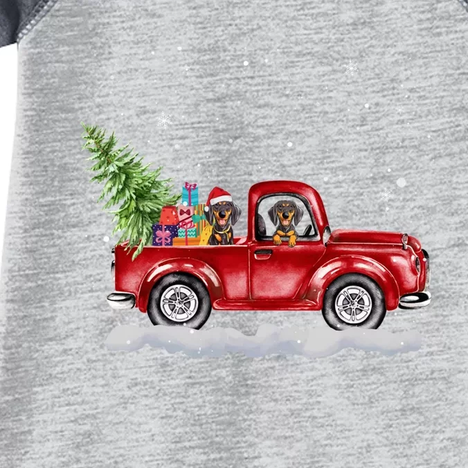 Christmas Dachshund Dogs Ride Red Truck Costumer Infant Baby Jersey Bodysuit