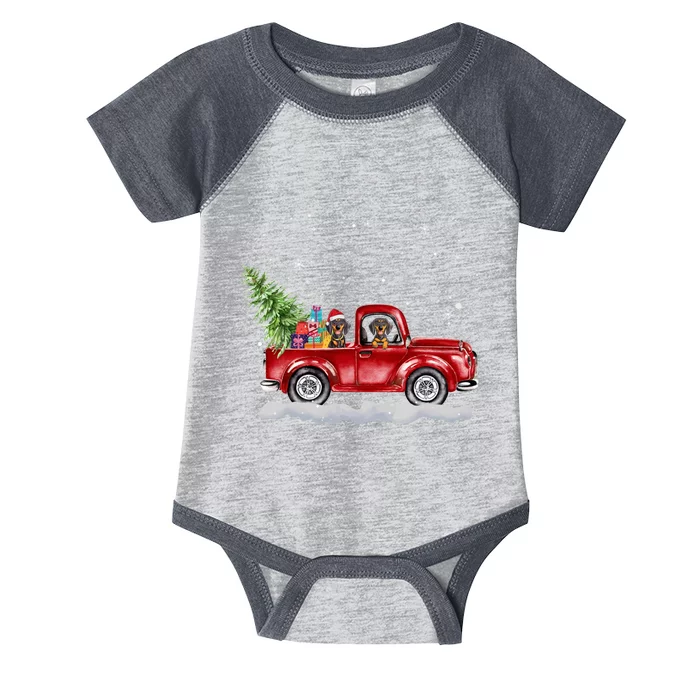 Christmas Dachshund Dogs Ride Red Truck Costumer Infant Baby Jersey Bodysuit