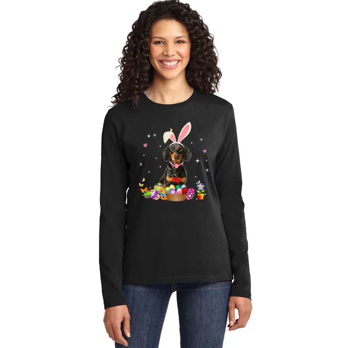 Cute Dachshund Easter Day Bunny Eggs Easter Costume Ladies Long Sleeve Shirt