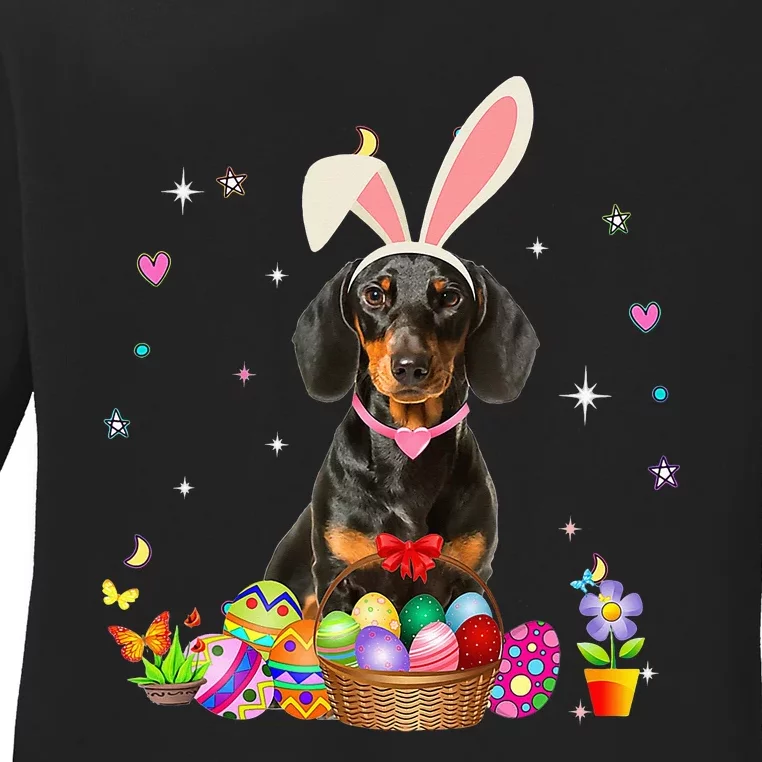 Cute Dachshund Easter Day Bunny Eggs Easter Costume Ladies Long Sleeve Shirt