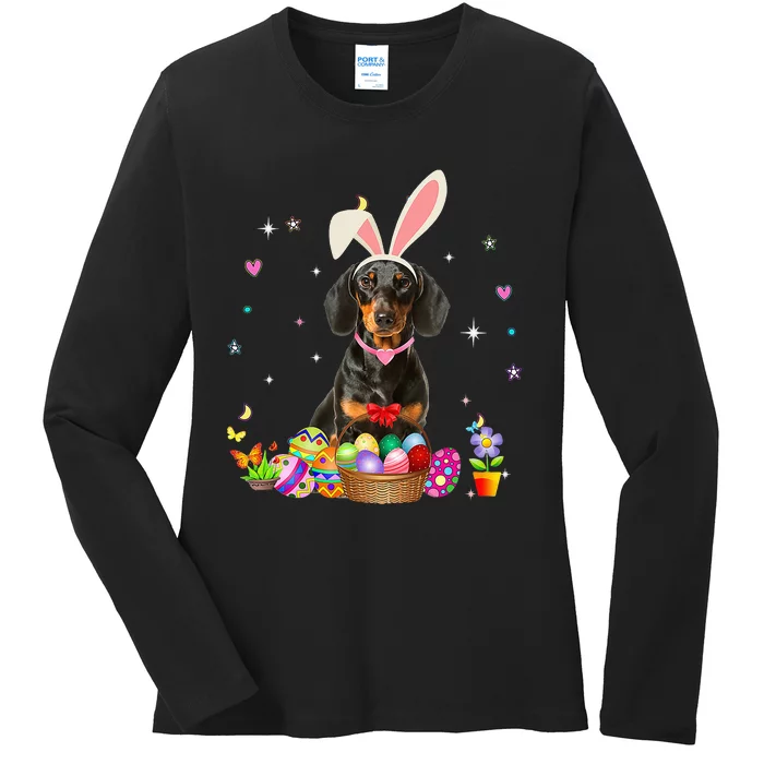 Cute Dachshund Easter Day Bunny Eggs Easter Costume Ladies Long Sleeve Shirt