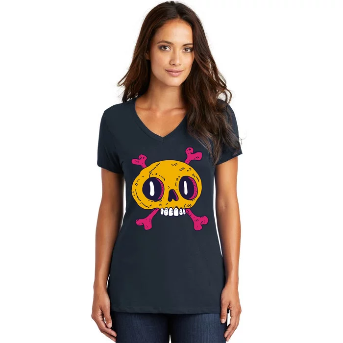 Creepy Dead Eye Skull Crossbones Women's V-Neck T-Shirt