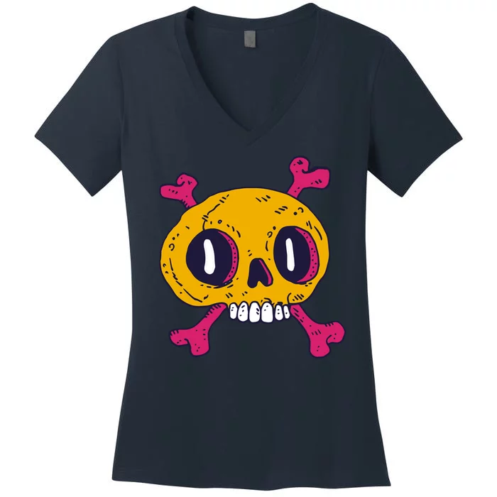 Creepy Dead Eye Skull Crossbones Women's V-Neck T-Shirt