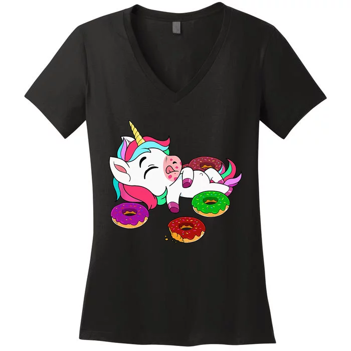 Cute Donut Eating Unicorn Gift Baking Doughnut Adult Women's V-Neck T-Shirt