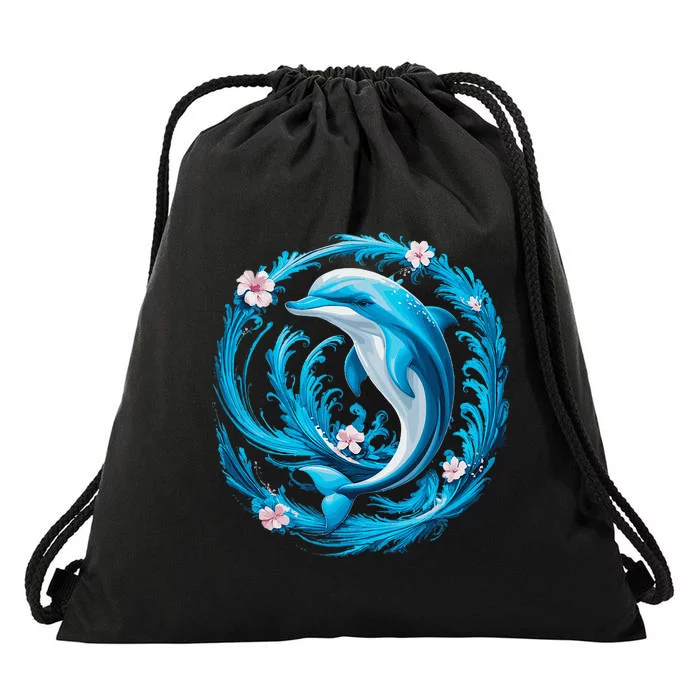 Cute Dolphin Floral Drawstring Bag