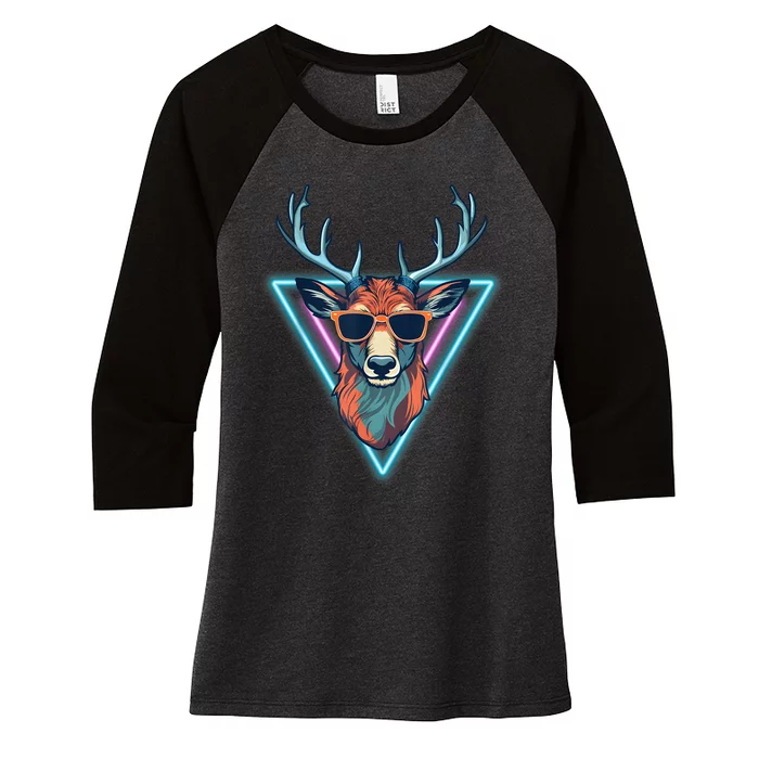 Cool Deer Funny Animal Party Wear Sunglasses Vintage 70s 80s Women's Tri-Blend 3/4-Sleeve Raglan Shirt