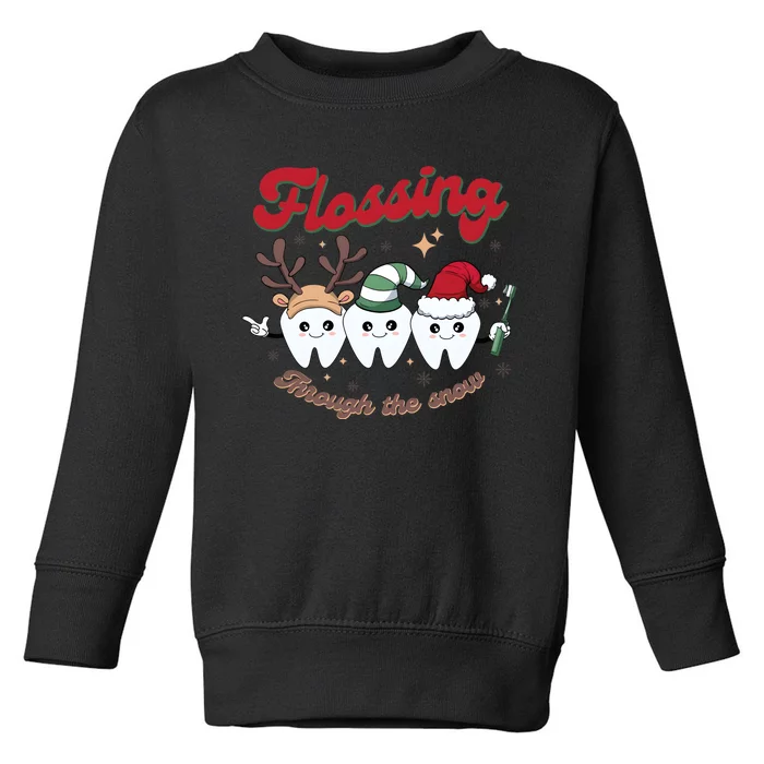 Christmas Dentist Flossing Through The Snow Dental Santa Claus Reindeer Toddler Sweatshirt