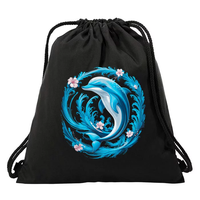 Cute Dolphin Floral Drawstring Bag