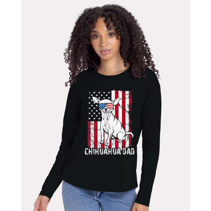 Chihuahua Dad Father Day Gift US Flag Patriotic Dog 4th July Womens Cotton Relaxed Long Sleeve T-Shirt