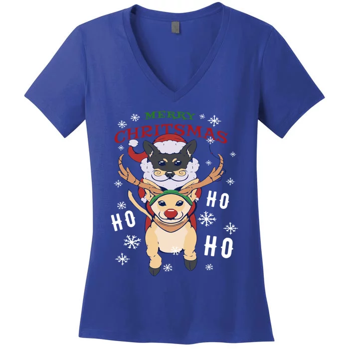 Cute Dogs Funny Christmas Santa Fun Ho Ho Ho Merry Christmas Gift Women's V-Neck T-Shirt