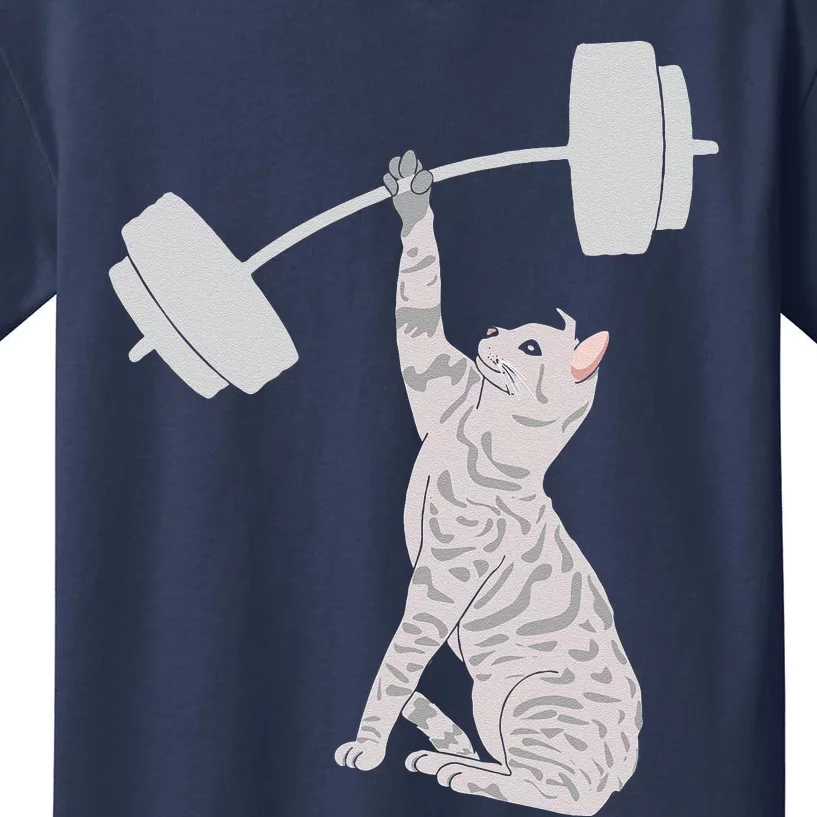 Cat Deadlifting Funny Fitness Gym Lover Cat BarBell Kids T-Shirt