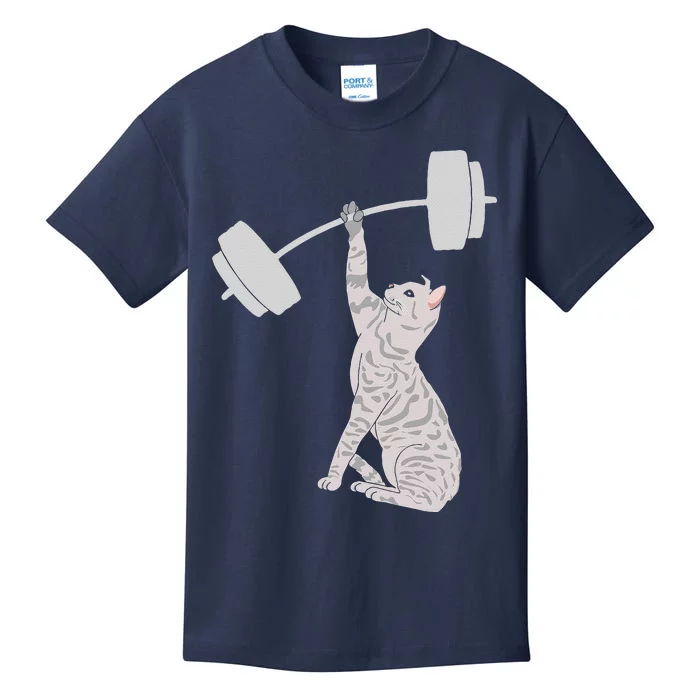 Cat Deadlifting Funny Fitness Gym Lover Cat BarBell Kids T-Shirt