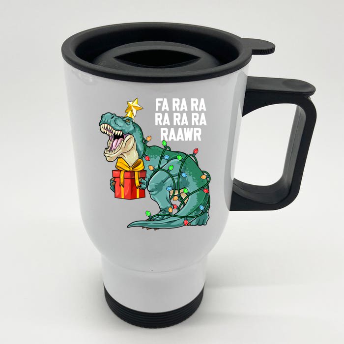 Christmas Dinosaur Fa Ra Ra Rawr Cute Trex Xmas Gift Front & Back Stainless Steel Travel Mug